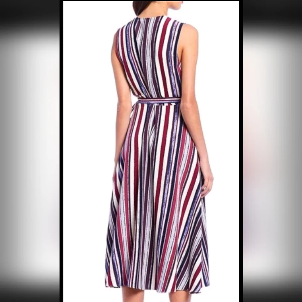 ALEX MARIE Cassie Striped V-Neck Crepe True Wrap Midi Dress Purple 6 - Picture 3 of 5